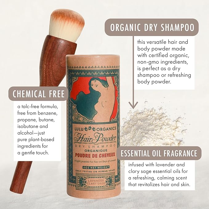 Non-Aerosol Dry Shampoo Powder with Hair Brush for Dark, Blonde and Oily Hair, All Natural Organic Body Powder, Paraben & Talc free No White Cast Synthetic Fragrance, Lavender & Clary Sage - 4oz