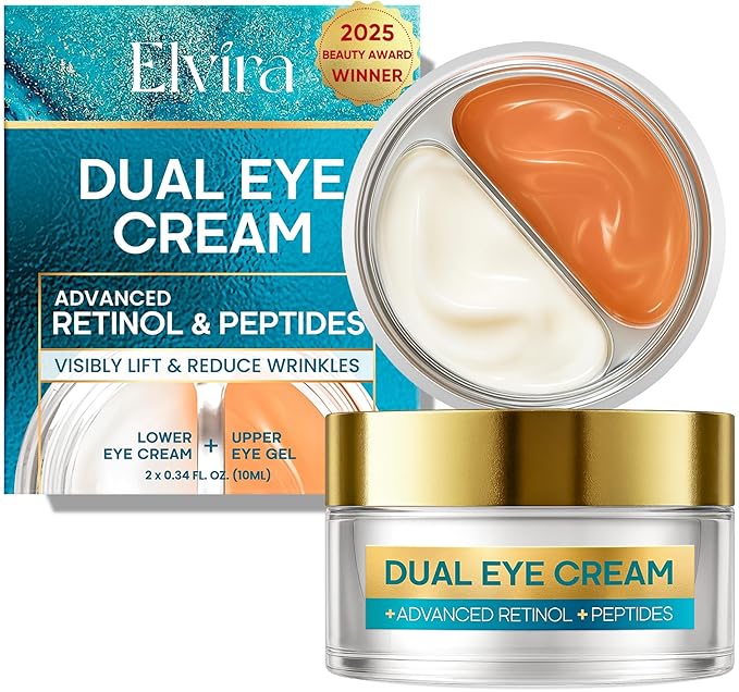 Elvira Dual Eye Cream for Dark Circles, Puffiness, Eye Bags, Wrinkles, Age-Defying, Tightening, and Moisturizing with Advanced Retinol, Five-Peptide Complex, and Stem Cell Extracts – 0.68 OZ