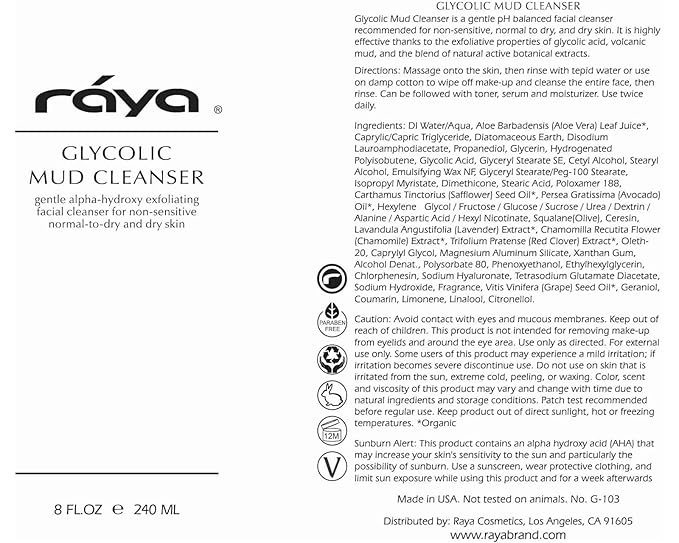 Raya Glycolic Mud Facial Cleanser with AHA 8 oz (G-103) | Exfoliating pH Balanced Facial Cleansing Fluid for Non Sensitive, Dry and Combination Skin | Made with Alpha Hydroxy Acid and Volcanic Mud