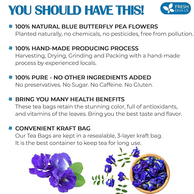 FreshDrinkUS, Premium 35 Butterfly Pea Tea Bags, 100% Natural and Pure from Butterfly Pea Flowers, Hand-made, Made With Natural Materials-Corn Fiber Tea Bag, Sugar/Caffeine/Gluten Free, Vegan