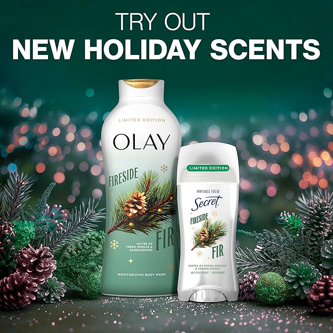 Secret Fresh Antiperspirant Deodorant for Women, 72hr Breathable Odor Protection with Pro-Hyaluronic Acid, Holiday Invisible Solid, Fireside Fir with Fresh Spruce & Sandalwood Scent, 2.6 oz