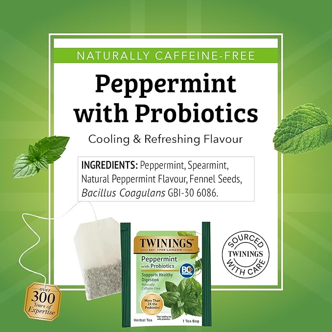 Twinings Superblends Peppermint with Probiotics Herbal Tea, 18 Count (Pack of 6), Naturally Caffeine-FreeEnjoy Hot or Iced, 96 Teabags