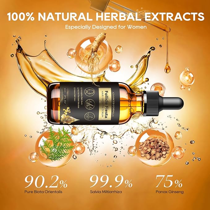 Women‘s Hair Growth Serum Oil, 100% Veganic Natural Herbal Extracts, Root Revive Visibly Thickening Fuller Hair, Follicle Stimulator Scalp Serum for Hair Loss/Shedding,Thin, Dry & Damaged Treatment
