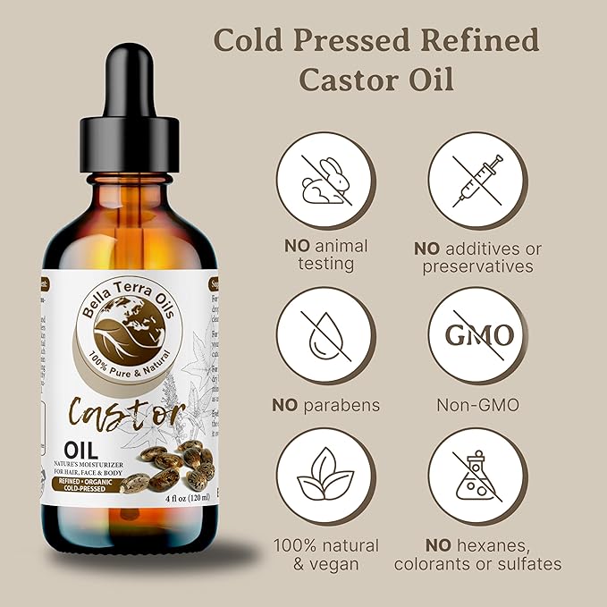 Bella Terra Oils - Organic Castor Oil 2oz Glass Bottle - Pure & Cold-Pressed, Rich in Stearic Acid for Skin & Hair Care