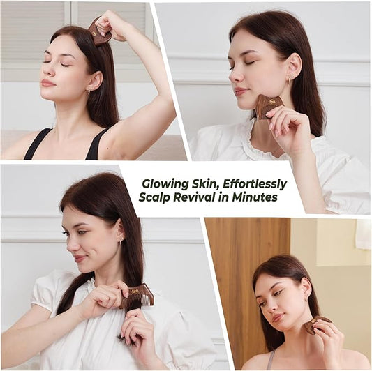 4-in-1 Gua Sha Tool with Mini Travel Small Massage Comb Set, Christmas Gifts for Adults Women, Wooden Face & Body Massager Tool – Lymphatic Drainage, Jawline Sculpting, Head Scalp Massager Hair Growth