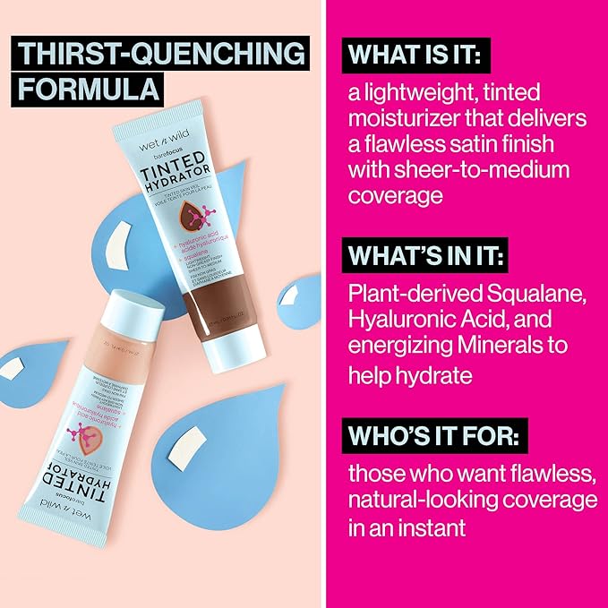 wet n wild Bare Focus Tinted Hydrator Tinted Skin Veil, Lightweight Buildable Coverage with Hyaluronic Acid & Vegan Squalane, Semi-Matte Finish, Cruelty-Free - Porcelain
