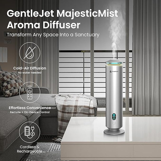 MajesticMist Rechargeable - Aluminum Waterless Essential Oil Diffuser with Wireless Charging, Quiet Aroma Diffuser, Scent Diffusers for Home, Room & Hotel, Remote Control, USB-C, 1000sq.ft