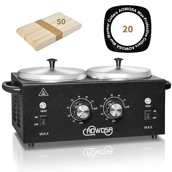 Professional Hair Removal Kit - Wax Warmer Machine with Double Pot, Large Capacity for Spa Salon and Home Use, Non-Stick Easy Clean Pots, 50 Sticks & 20 Collars (Black)