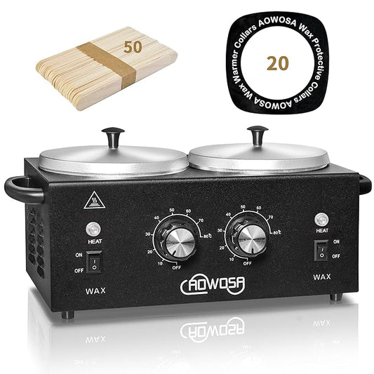 Professional Hair Removal Kit - Wax Warmer Machine with Double Pot, Large Capacity for Spa Salon and Home Use, Non-Stick Easy Clean Pots, 50 Sticks & 20 Collars (Black)