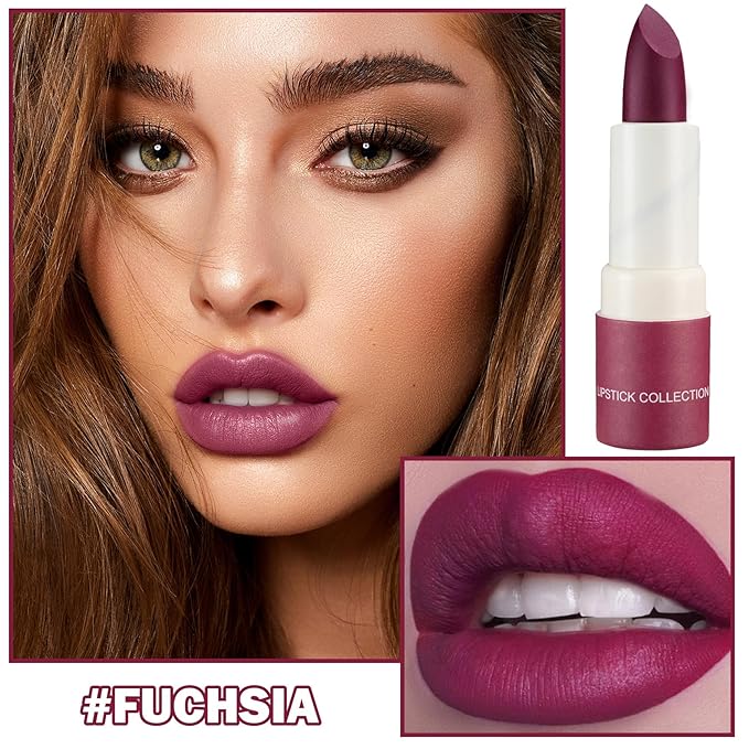 Matte Nude Lipstick Silky Velvet Lip Gloss Nude Lip Stain Paper Tube Lipsticks Non-Stick Cup, Waterproof Long Lasting Matte Lipstick for Women Daily Professional Lip Makeup-07 Fuchsia