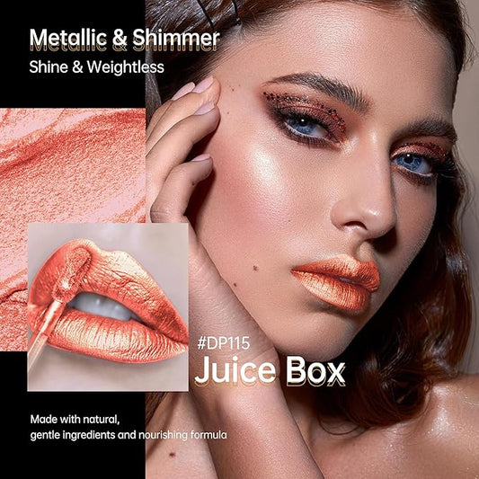 Peach Red Lipsticks for Women Metallic Lipstick Long Lasting Non Stick Cup Lip Gloss, Shimmer Lightweight Hydrating Full Coverage Lip Color, DP115 Juice Box
