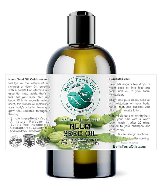 Bella Terra Oils - Organic Neem Seed Oil 16 oz - Authentic Cold-Pressed Process, Filled with Palmitic Acid & Omega-9 Fatty Acids, Ideal for Daily Skin Routine