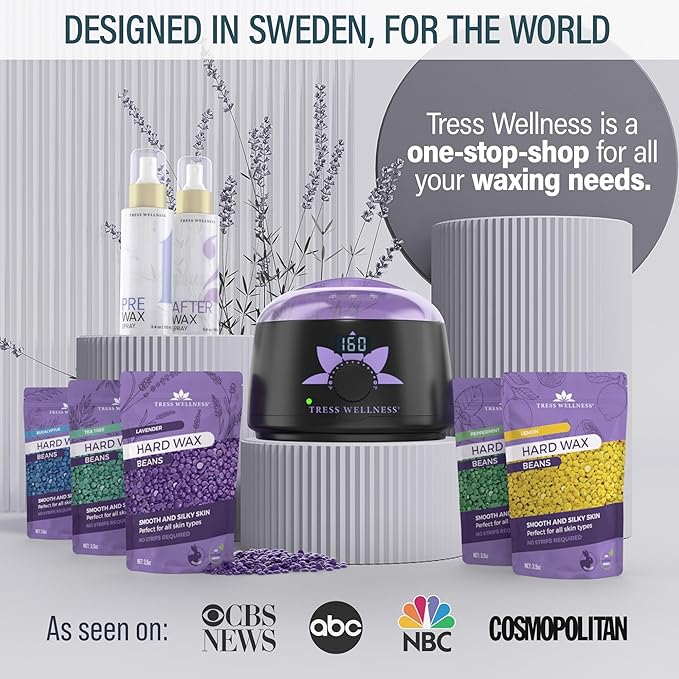 Tress Wellness Waxing Kit for Sensitive Skin – Safe for Face & Skin, Prep & Aftercare Spray, Easy to Use – At-Home Kit for Face, Bikini, Brazilian & Full Body - Digital Display, Grey Mountain