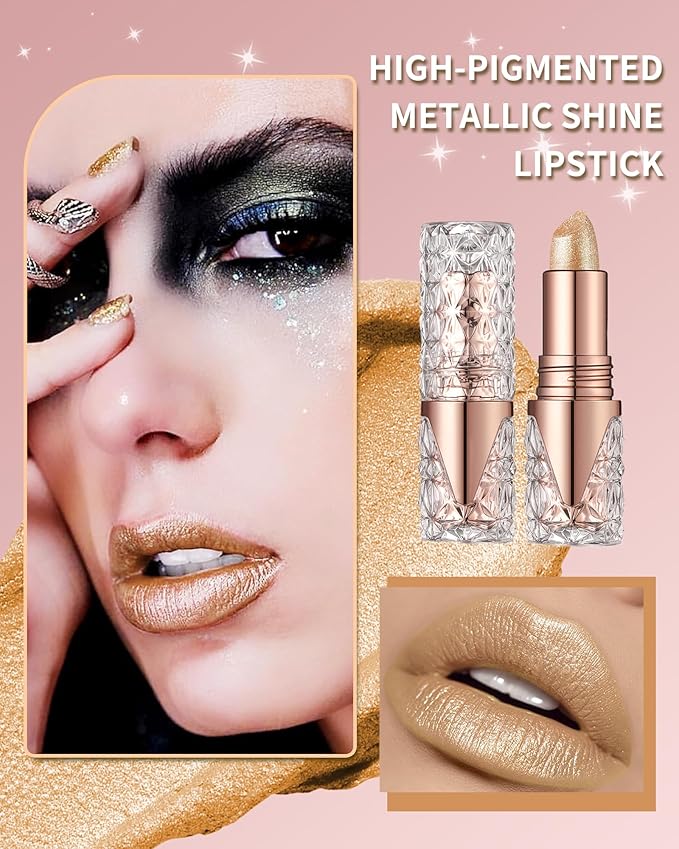 Glitter Metallic Shimmer Light Gold Lipstick Long Lasting,Diamond High Pigmented Nude Red Metallic Matte Liquid Lipstick Non-Stick Lip Gloss,Transfer Proof Lip Color Lip Stick Makeup for Women-01