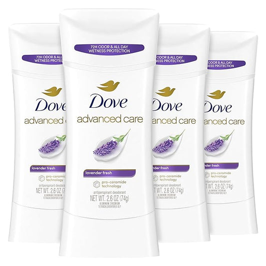 Dove Advanced Care Antiperspirant Deodorant Stick Lavender Fresh 4 ct for helping your skin barrier repair72 hr odor control and sweat protection for soft underarms with boosted ceramide levels 2.6 oz