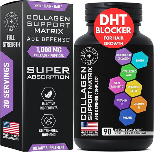 Age Defense Beauty Collagen Matrix - 2,000mg Multi Collagen Biotin Keratin Hyaluronic Acid Saw Palmetto Vitamin C Supplement Complex - DHT Blocker for Men & Women for Hair Growth - 90 Gluten-Free Caps