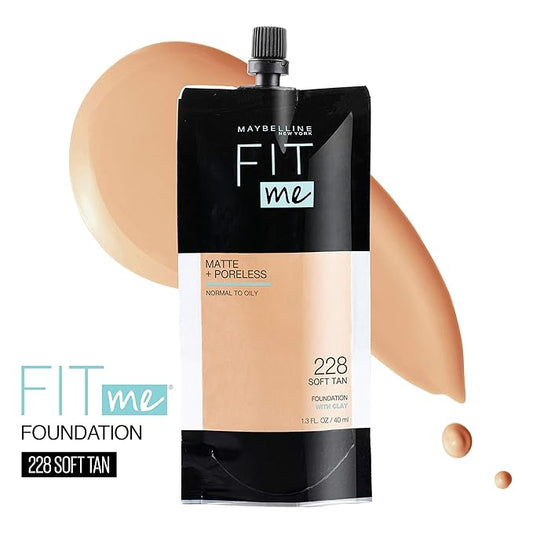 Maybelline New York Fit Me Matte + Poreless Liquid Foundation, Pouch Format, 228 Soft Tan, 1.3 Ounce