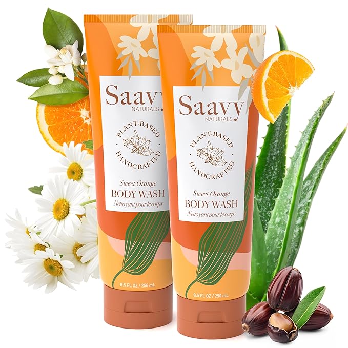 Saavy Naturals Body Wash Sweet Orange Plant-Based Ingredients - Made In USA - Sensitive Skin Body Wash, l Organic & Vegan Formula With Coconut Oil, Shea Butter, And Aloe Vera - 8.5 Fl Oz, 2 Pack