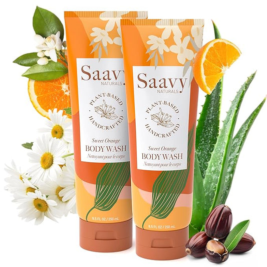 Saavy Naturals Body Wash Sweet Orange Plant-Based Ingredients - Made In USA - Sensitive Skin Body Wash, l Organic & Vegan Formula With Coconut Oil, Shea Butter, And Aloe Vera - 8.5 Fl Oz, 2 Pack