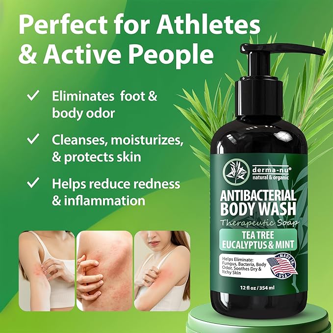Derma-Nu Therapeutic Antibacterial Soap & Tea Tree Body Wash – For Jock Itch, Athlete’s Foot, Eczema & Back Acne –For Men and Women Safe for All Skin Types – 12 oz