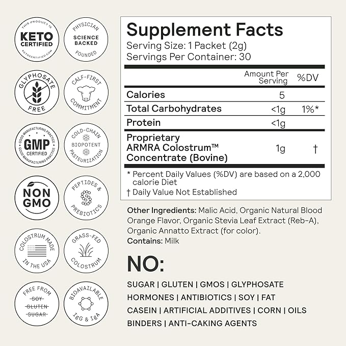 ARMRA Colostrum™ Powder | Blood Orange | Gut Health & Bloating | Skin & Hair | Immunity | Keto, Gluten & Fat-Free | 60 Servings