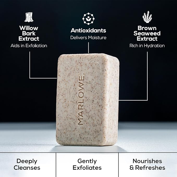 MARLOWE. Best Sellers Kit No. 203, Features Signature No. 102 Original Body Scrub Soap Bar, No. 121 Facial Cleanser & No. 123 Facial Moisturizer, Great Gift for Men