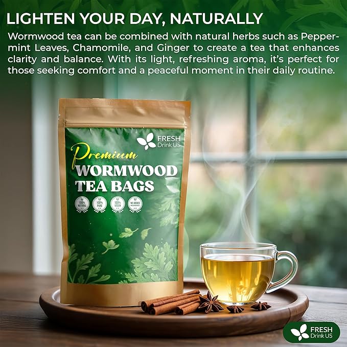 FreshDrinkUS, Premium Wormwood Tea - 75 Tea Bags - Handcrafted Herbal Blend, Caffeine-Free – Smooth Taste & Naturally Refreshing.