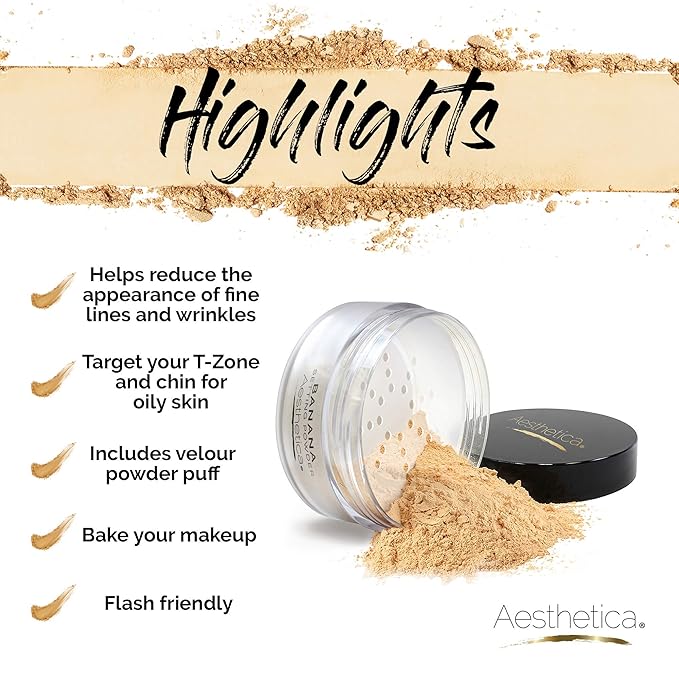 Aesthetica Banana Loose Setting Powder - Flash Friendly Superior Matte Finish Highlighter & Finishing Powder - Includes Velour Puff