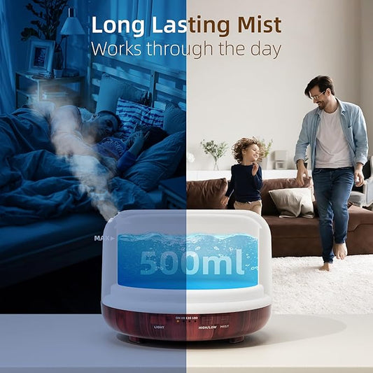 ASAKUKI Essential Oil Diffuser for Home, 500ml Aromatherapy Fragrant Oil Humidifier Vaporizer, 7-Color Light and Auto-Off Safety Switch Reddish-Brown