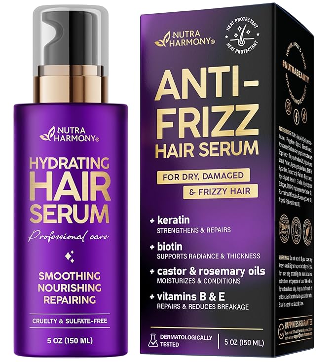 NUTRAHARMONY Hydrating Hair Serum – Keratin Hair Treatment for Dry, Frizzy, Damaged Hair – Biotin, Castor & Rosemary Oils – Anti‑Frizz, Heat Protectant & Split Ends Repair for Smooth, Shiny Hair, 5oz