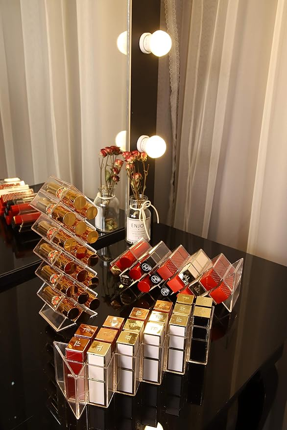 Lipstick Holder Organizer 64 Spaces Acrylic Stackable Fish Shape Lipstick Tower, Lip Gloss Storage Stand, Perfect for Lipgloss Organizers Makeup Vanity Display, Clear (4 Pack)