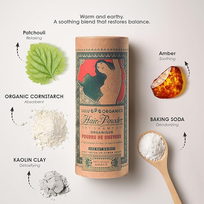 Non-aerosol Dry Shampoo Powder for Dark, Blonde and Oily Hair, All Natural Body Powder for Women and Men, Paraben & Talc free No White Cast Synthetic Fragrance, Patchouli and Amber - 4oz