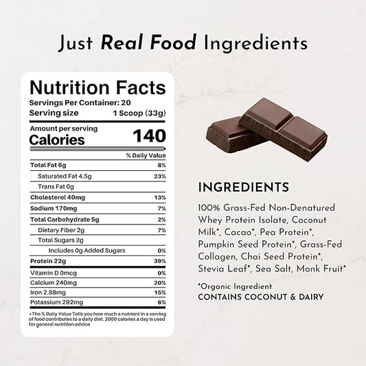 JUST INGREDIENTS Chocolate Protein Powder – 20-Serving Blend with 100% Grass-Fed Whey & Organic Plant Proteins – Rich Cocoa Flavor – Supports Muscle Recovery, Energy*