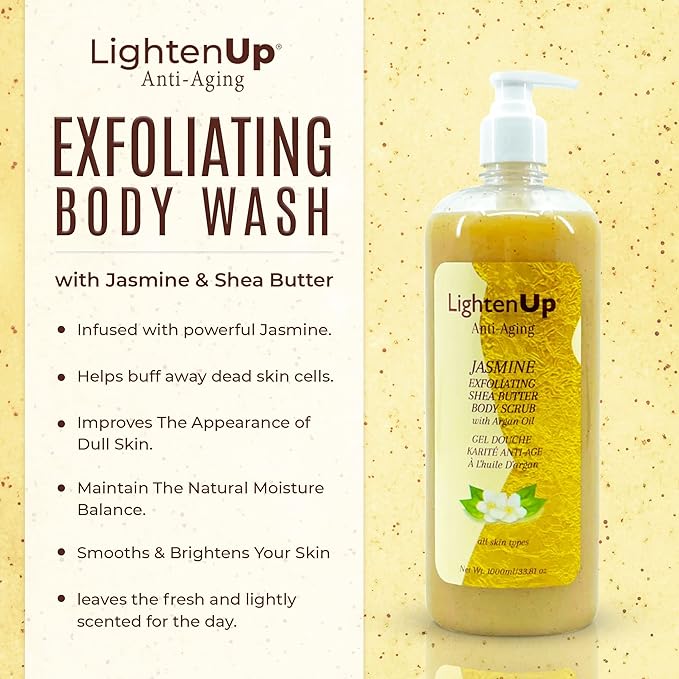Omic LightenUp Lighten-Up Exfoliating Body Wash - 33.8 Fl oz / 1000 ml - Formulated to Exfoliate and to Nourish Skin, with Shea Butter, Jasmine Oil Argan Oil