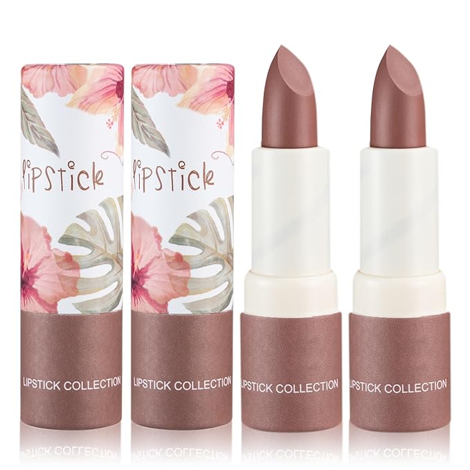 2PCS Matte Nude Lipstick Set Velvet Lip Gloss Nude Lip Stain Paper Tube Lipsticks Non-Stick Cup Waterproof Long Lasting Matte Lipstick for Women Daily Professional Lip Makeup-Amber