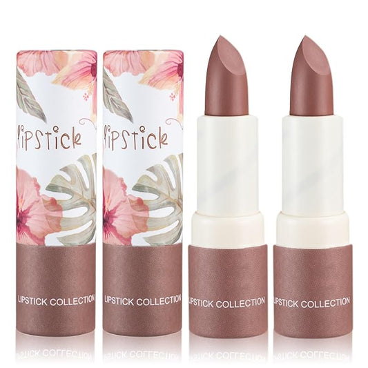 2PCS Matte Nude Lipstick Set Velvet Lip Gloss Nude Lip Stain Paper Tube Lipsticks Non-Stick Cup Waterproof Long Lasting Matte Lipstick for Women Daily Professional Lip Makeup-Amber