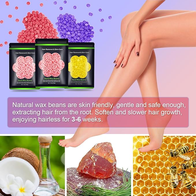 Wax Beads for Hair Removal 10.5oz (300g), Auperwel Hard Wax Beads Beans for Sensitive Skin Brazilian Waxing, Face, Bikini, Eyebrow, Legs, Painless for Women Men, 3 packs Kit with 10 Sticks