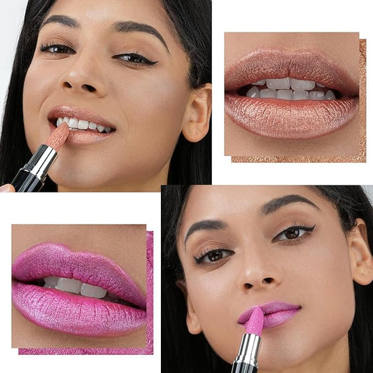 2pcs Metallic Glitter Gold and Pink Lipstick High Impact Lipcolor,Moisturizing Creamy Formula,Lipstick For Women,Smooth and Non-Sticky,Full-Coverage Lip Color