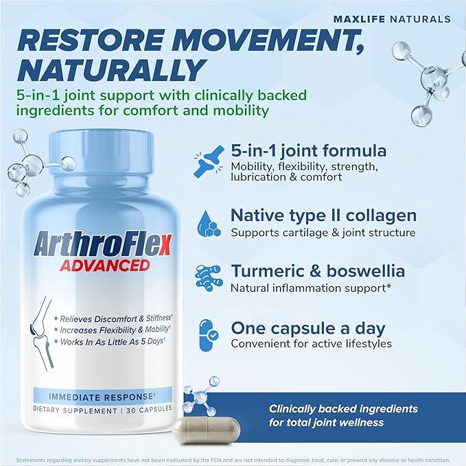 ArthroFlex Advanced Joint Health Supplement – 30 Capsules - Vital Joint Supplements for Women and Men, Type II Collagen Cartilage Supplement, Made in USA Health Care Supplements
