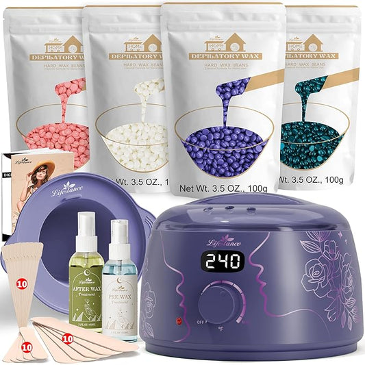 Lifestance Waxing Kit for Women & Men - L3 Amethyst Trace Digital Warmer, Silicone Wax Pot Liner, Hair Removal with 14.1oz Hard Wax Beads & Oil Spray, Professional for Home Brazilian Bikini Face Leg