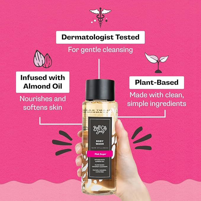 Buff City Soap Plant-Based Body Wash - Coconut Cleansers & Almond Oil Infused, Gentle & Rich Non-Drying Lather, Helps Reduce Moisture Loss & Supports Natural Skin Barrier - Pink Sugar, 12 floz