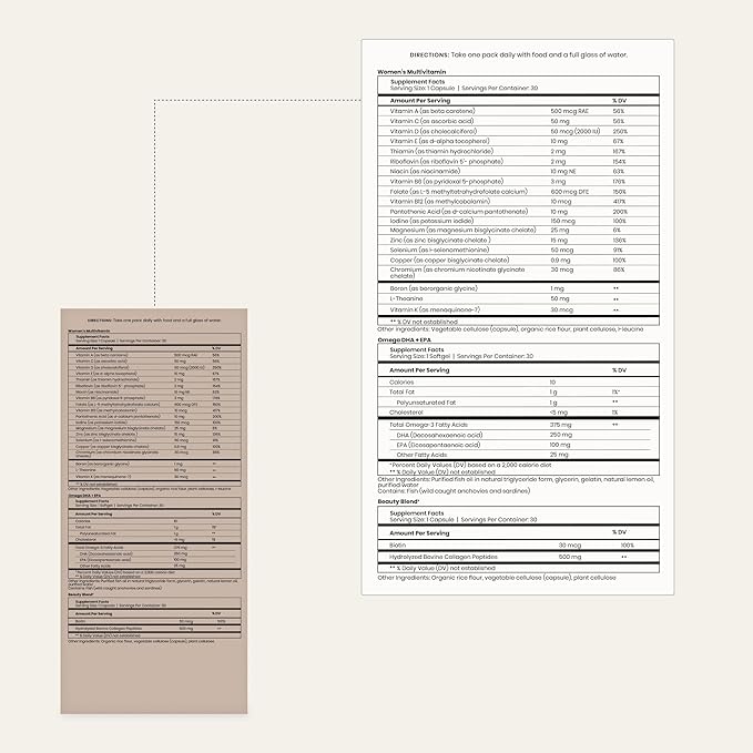 Perelel Womens Daily Vitamin Trio, Multivitamin, Omega 3 Dha + EPA, & Beauty Blend Supplements for Nutrient Support & Overall Wellness, Soy, Dairy & Gluten Free Non GMO Formula, 30 Daily Pill Packs