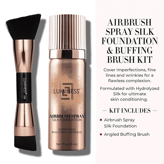 LUMINESS Silk Airbrush Spray Foundation 2-PC Kit - Foundation & Dual-Sided Angled Makeup Brush - Buildable Coverage, Anti-Aging Formula, Humidity Resistant, Hydrates & Moisturizes, Fair