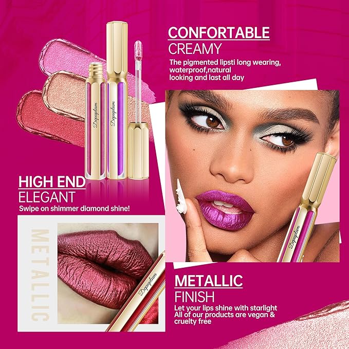 Dark Red Lipsticks for Women Metallic Lipstick Long Lasting Non Stick Cup Lip Gloss, Metal Shine Lightweight Hydrating Full Coverage Lip Color, DP104 Impassion