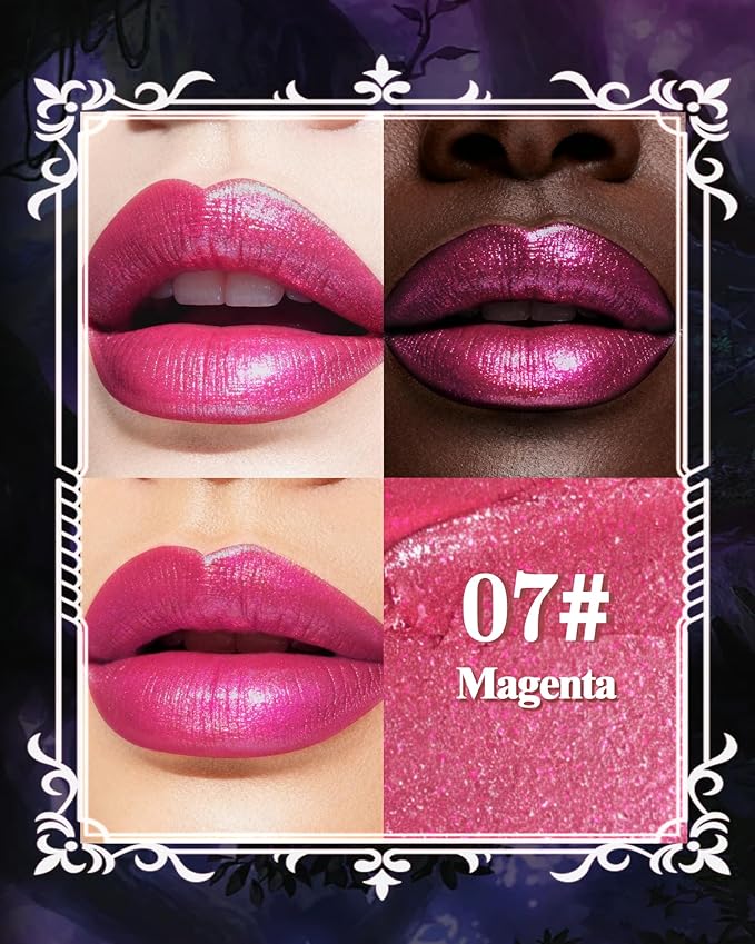 Glitter Metallic Shimmer Lipstick, Magenta Lipstick Long Lasting, Diamond High Pigmented Shiny Metallic Lip Stick, Non-sticky Sparkly Fuchsia Lipsticks for Women Christmas Makeup-07 Magenta