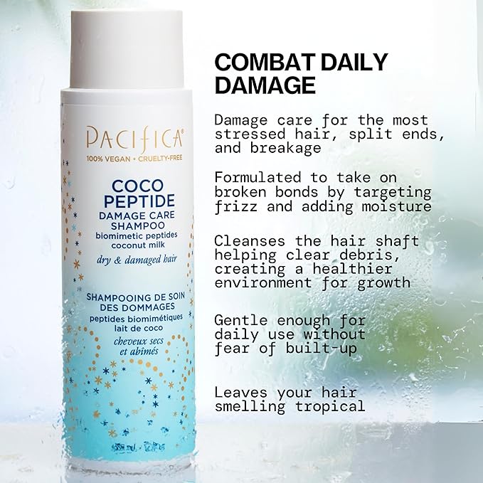 Pacifica Coco Peptide Damage Care Shampoo – Repairing Sulfate-Free Shampoo for Damaged Hair, Split Ends & Breakage, w/Collagen & Peptides Silicone-Free Clean Vegan & Cruelty-Free Dermatologist Tested