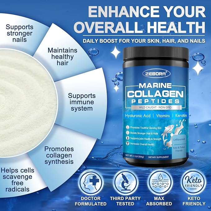 ZEBORA Marine Collagen Peptides Powder 50 Servings - Wild Caught Hydrolyzed Fish Collagen with Hyaluronic Acid, Keratin, Multivitamins - Collagen for Women Support Skin Hair Nail Joint, Keto Friendly