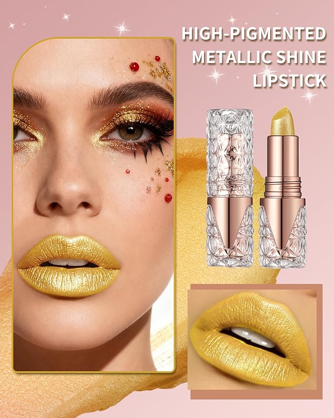 Gold Glitter Metallic Shimmer Lipstick Long Lasting, Diamond High Pigmented Metallic Matte Gold Lipstick, Non-Stick Lip Gloss, Transferproof Lip Color Lip Stick Makeup for Women-08