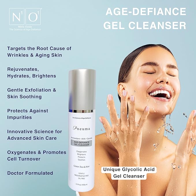 Pneuma Age-Defiance Gel Cleanser with Antioxidant | AHA | Glycolic | Oxygenate, Exfoliate, Protect and Soothes Skin | Gentle Face Cleanser Gel | Green Tea and Aloe