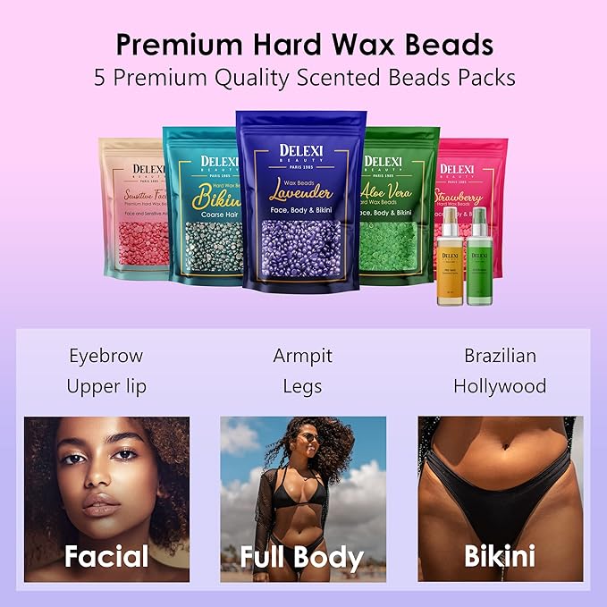 Premium Waxing Kit for Sensitive Skin – Painless Hard Wax Beads, Safe Wax Warmer, Pre/Post Care Spray, Salon-Grade Results at Home for Face, Bikini, Brazilian & Full Body